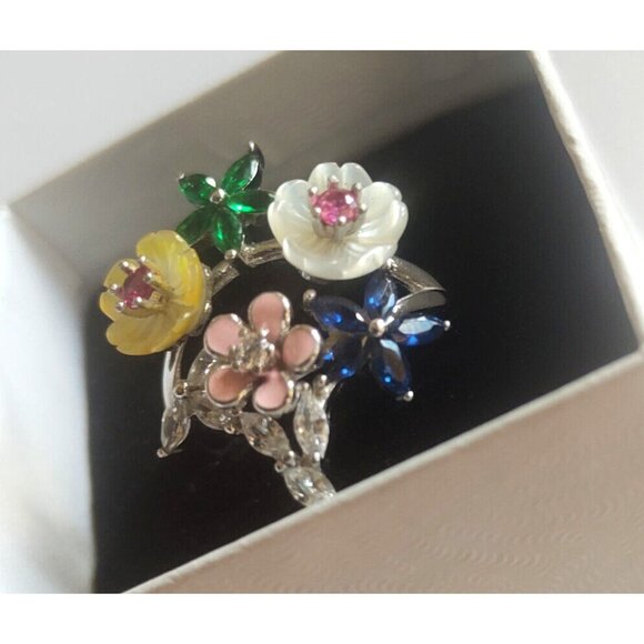 Women's Size 9 Sterling Silver 925  Ring Mother of Pearl & Cubic Zirconia NEW - Picture 1 of 13